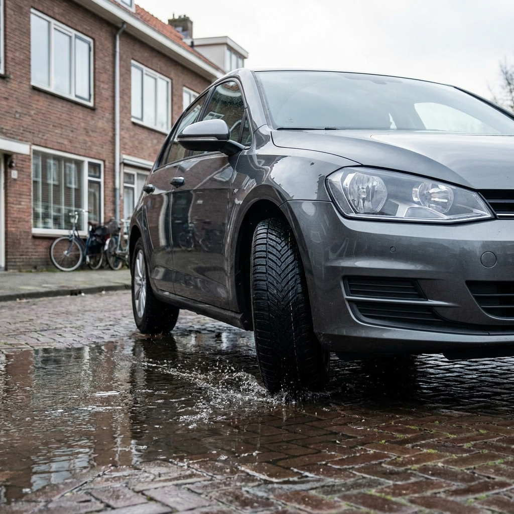 Compacte auto met all season banden rijdt over een natte Nederlandse straat, met zichtbaar profiel, zachte daglichtreflecties en stedelijke achtergrond.